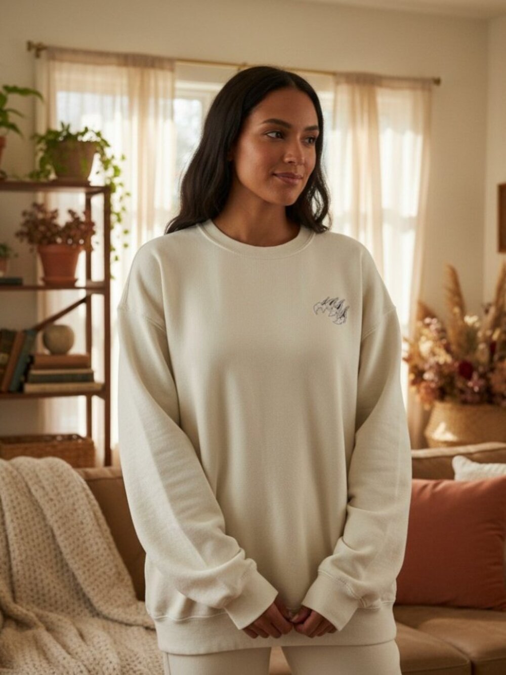 Oversized Crewneck Sweatshirt Women's Size XL Comfy Casual Beige Eagle Graphic